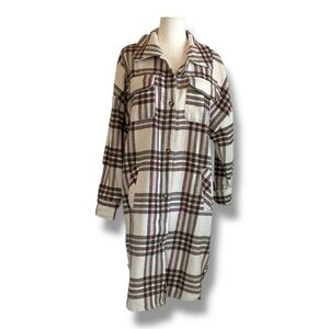 Ci Sono Plaid Shacket Long Shirt Jacket Cream Brown Pink Flannel Size Medium